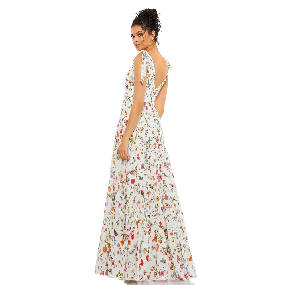 Mac Duggal Floral Butterfly Print Tiered Maxi Dress White V-Neck Tie Shoulder 4 - Picture 4 of 16